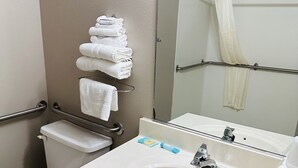 Ein Badezimmer mit Toilette, Waschbecken und Handläufen.