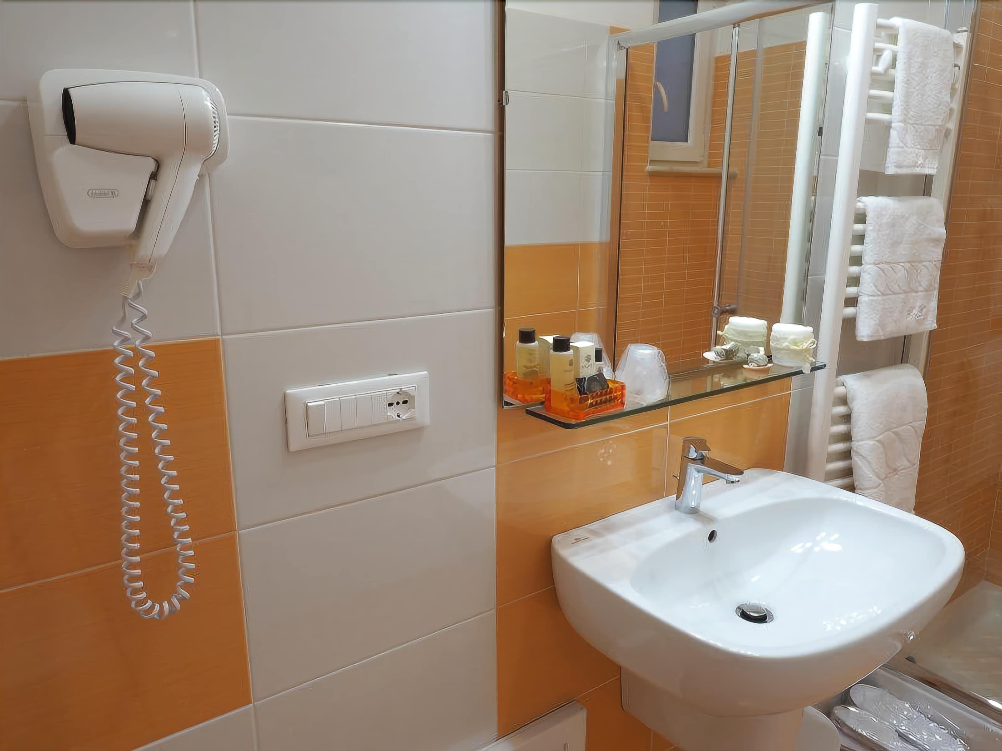 A bathroom with a white sink, a hairdryer, a mirror, and a glass shelf with toiletries.