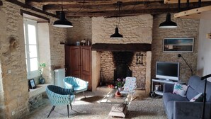 A rustic living room with exposed stone walls, a fireplace, a television, and a variety of seating options including a blue armchair and a grey sofa. - Character house in Montignac Lascaux (Montignac)