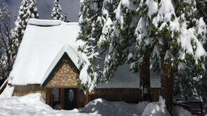 A cabin with a stone roof and wooden walls, surrounded by snow-covered trees. - Charming, Cozy, & Peaceful Mountain Getaway for Family & Friends (Shaver Lake)