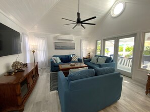 Una Smart TV, un reproductor de DVD, libros, un reproductor estéreo