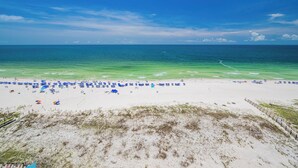 Une plage bordée de rangées de parasols bleus et de chaises longues blanches.