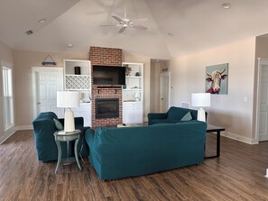 Smart TV, fireplace, DVD player, books