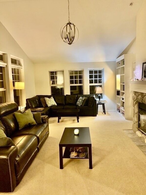 Smart TV, fireplace, DVD player, books