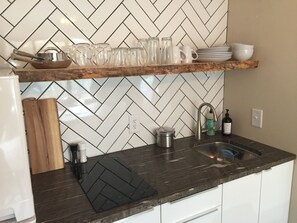 Fridge, microwave, coffee/tea maker, toaster