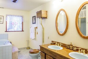 Combined shower/bathtub, jetted bath, hair dryer, towels
