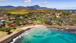 Una zona residencial costera con casas, una playa y montañas al fondo.