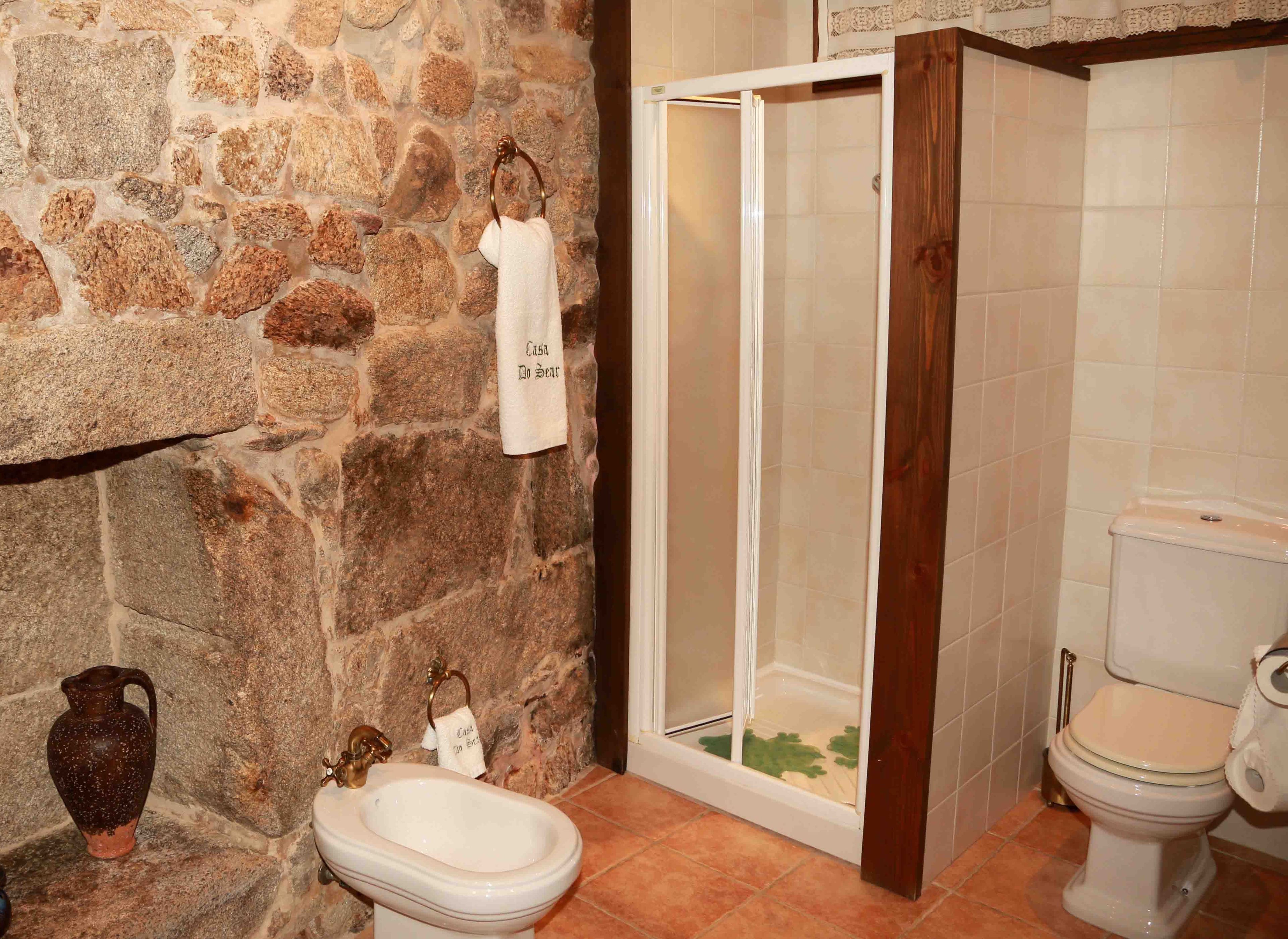 A bathroom with a stone wall, a shower enclosure, a toilet, and a sink.