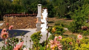 Un jardín con muro de piedra, columna blanca y flores rosas.
