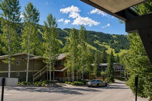 A residential area with houses, a car, and a mountainous backdrop. - Ute Condominiums - Central & Cozy (Aspen)
