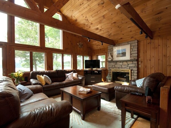 Smart TV, fireplace, DVD player, books