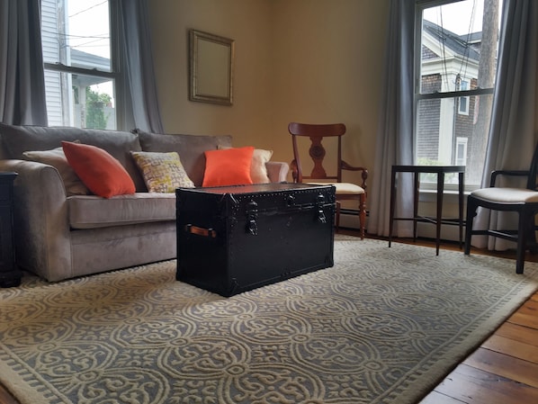 A living room with a grey sofa, patterned rug, and a black suitcase.