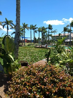 A resort with a pool, palm trees, and a building in the background.