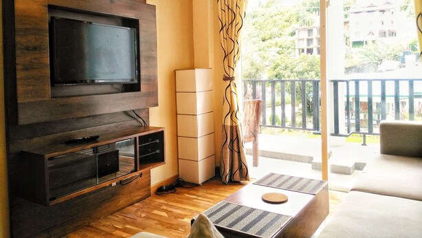 Een woonkamer met een flatscreen televisie aan een houten wand, een wit kastje en een balkon met uitzicht op groen en gebouwen.