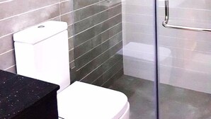 Een moderne badkamer met een douchecabine van glas, een wit toilet en een zwart aanrecht.