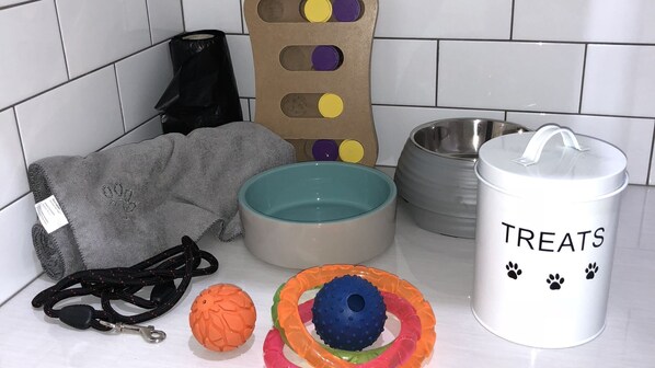 A pet care station with a towel, bowls, a water dispenser, a leash, and a treat container. - Dumplings Den - Indoor/Outdoor living in town and close to the wineries (Mudgee)