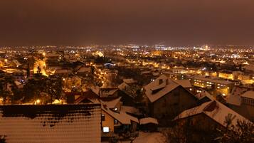 Vista nocturna de un paisaje urbano con edificios cubiertos de nieve y farolas.