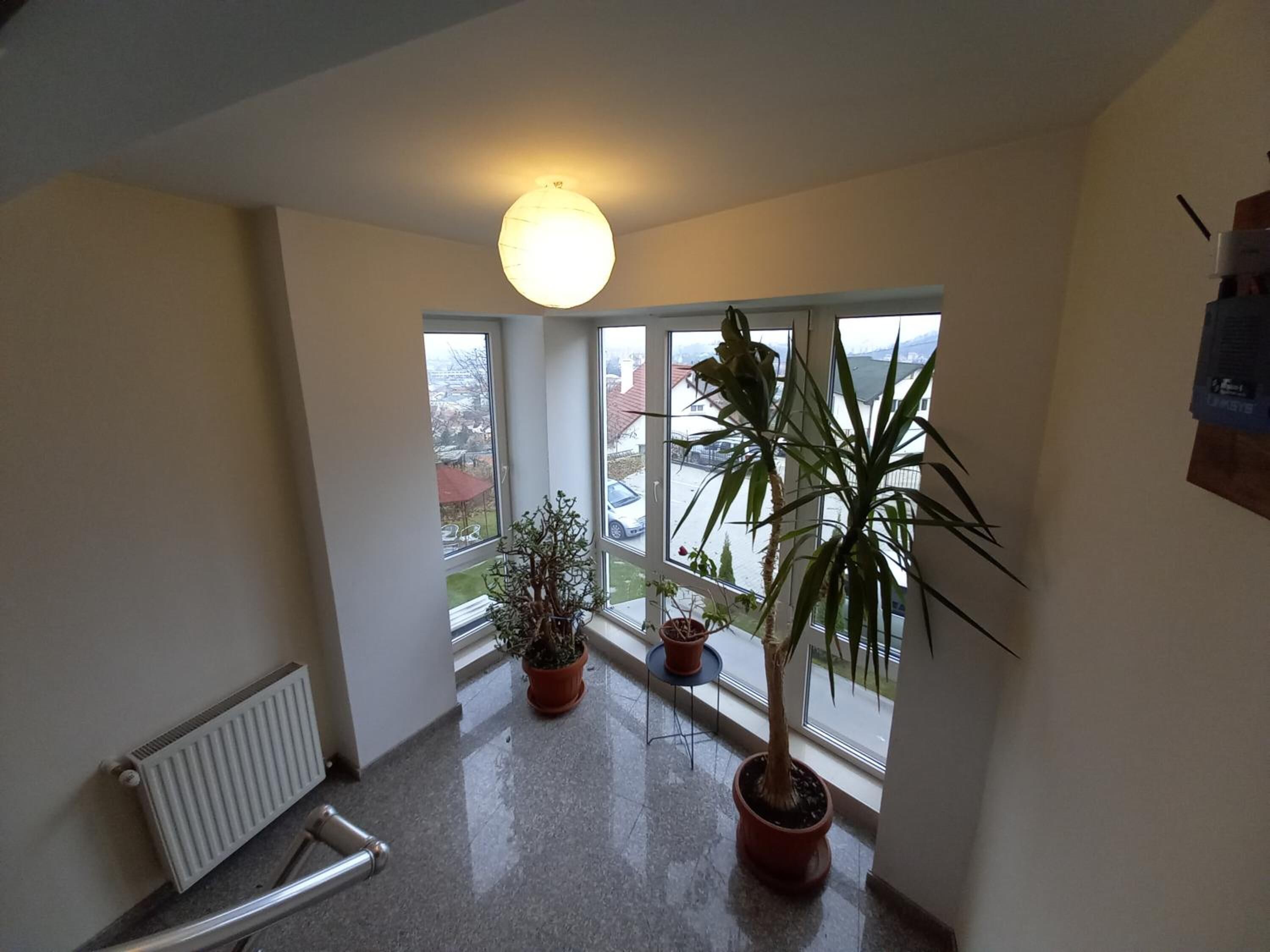 Une pièce dotée de grandes fenêtres, d’un radiateur et de plusieurs plantes en pot.
