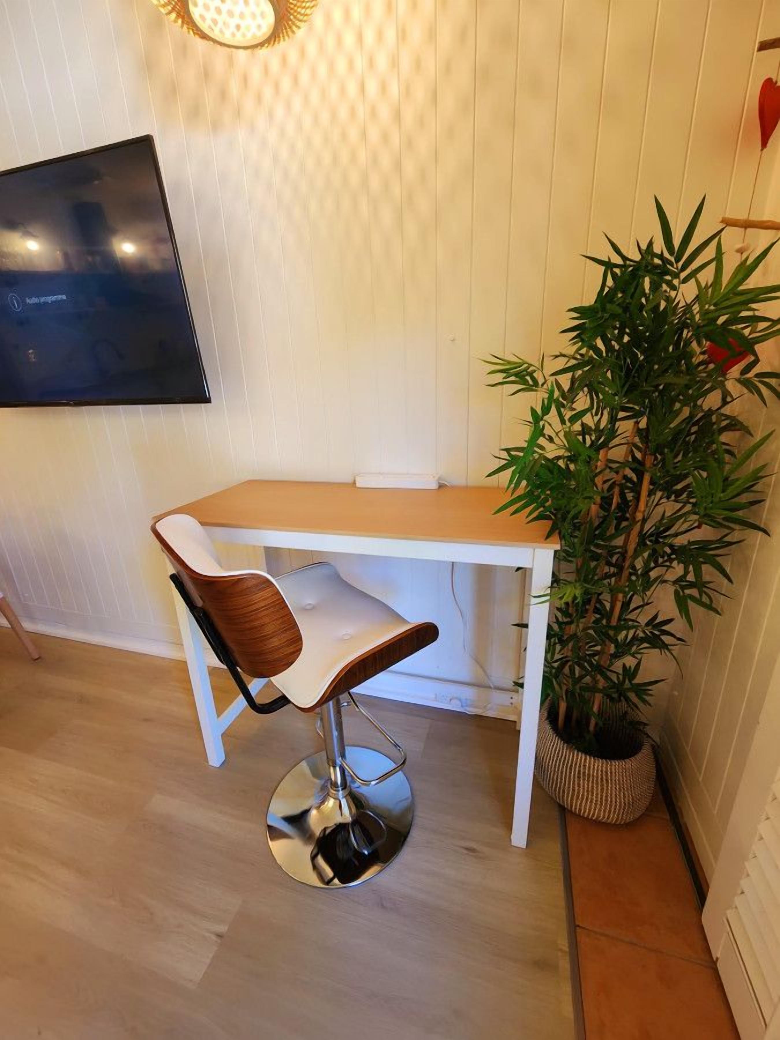 A modern room with a wooden dining table, a white chair with a wooden backrest, a large potted plant, and a flat-screen TV mounted on the wall.