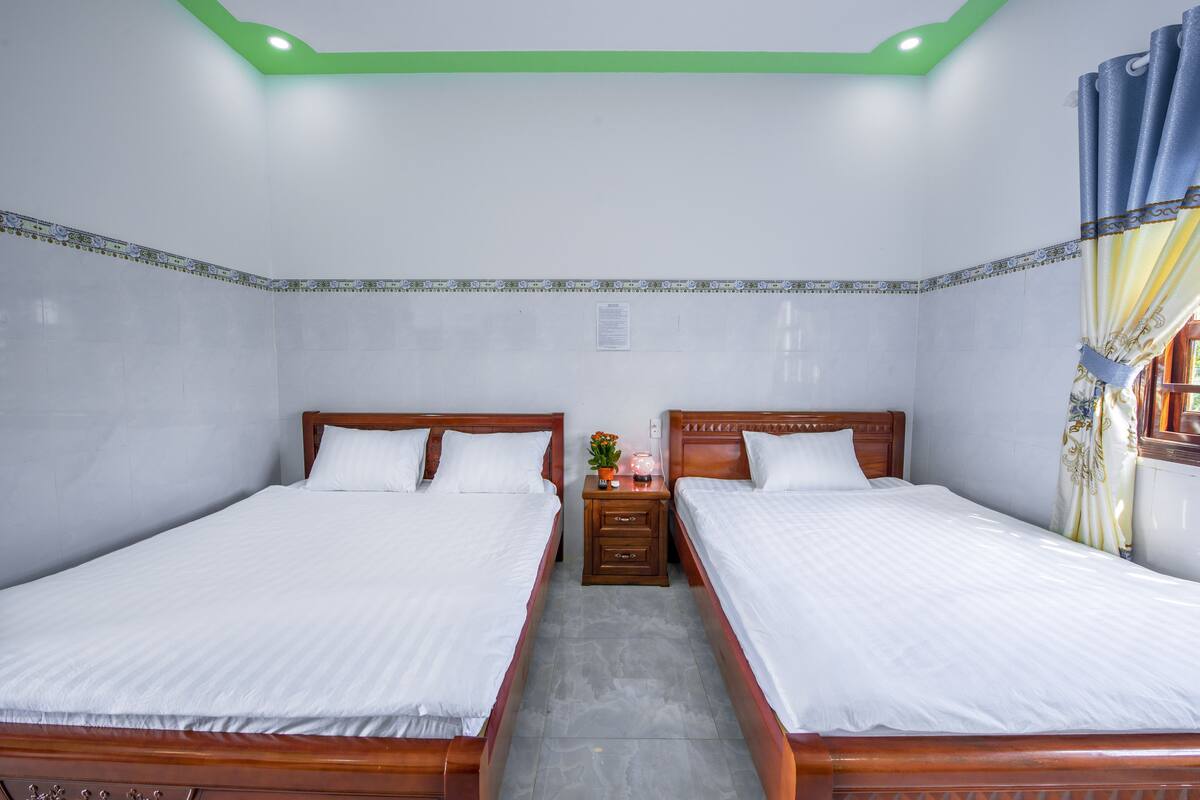 A hotel room with two beds, a nightstand, and a green accent on the ceiling.