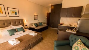A bedroom with a bed, a sofa, a small kitchenette, and a bathroom. - Evia Dream (Istiaia-Aidipsos)