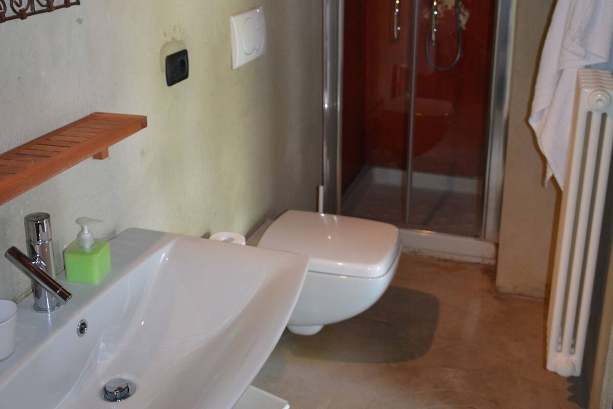 A bathroom with a shower, a sink, and a toilet.