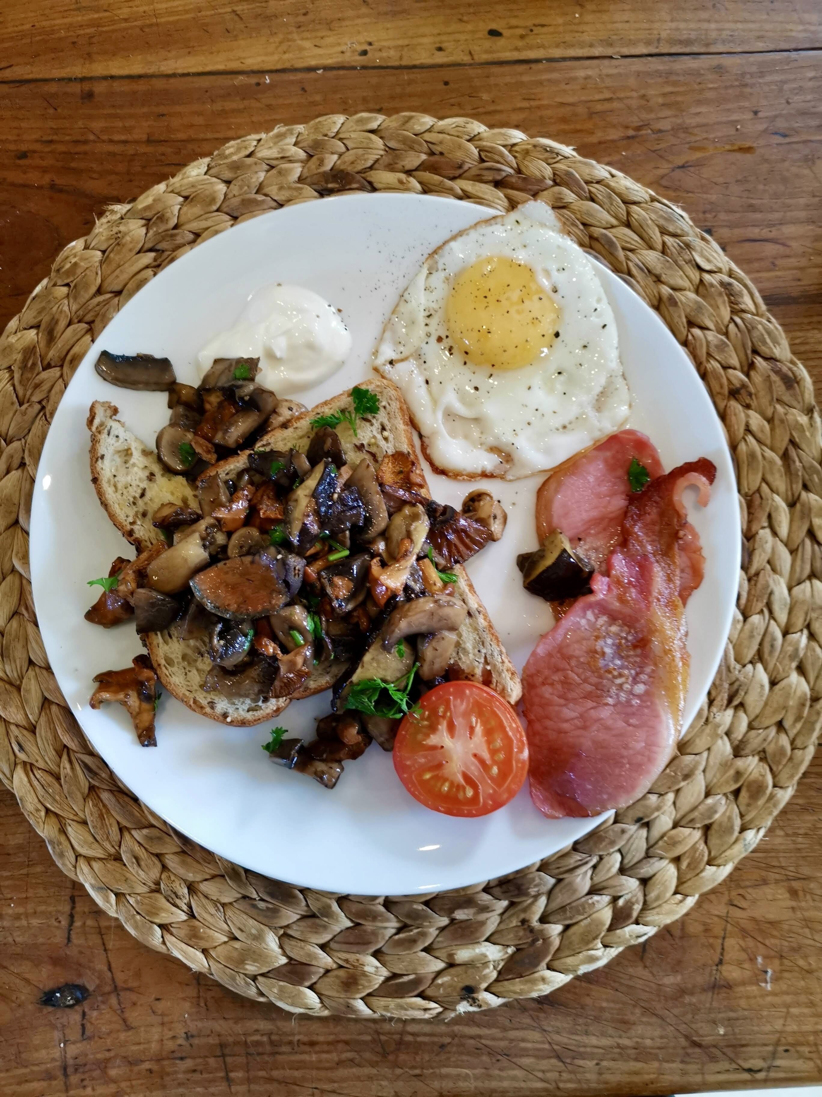 Ein Teller Essen mit Toast, Pilzen, einem Spiegelei, Speck und einer Tomatenscheibe.
