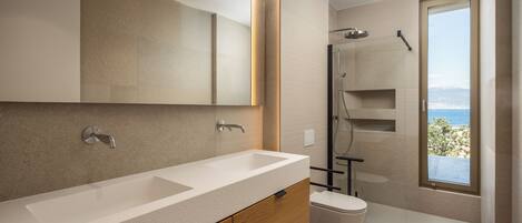 Un bagno moderno con un ampio specchio, due lavabi, un water e una doccia.