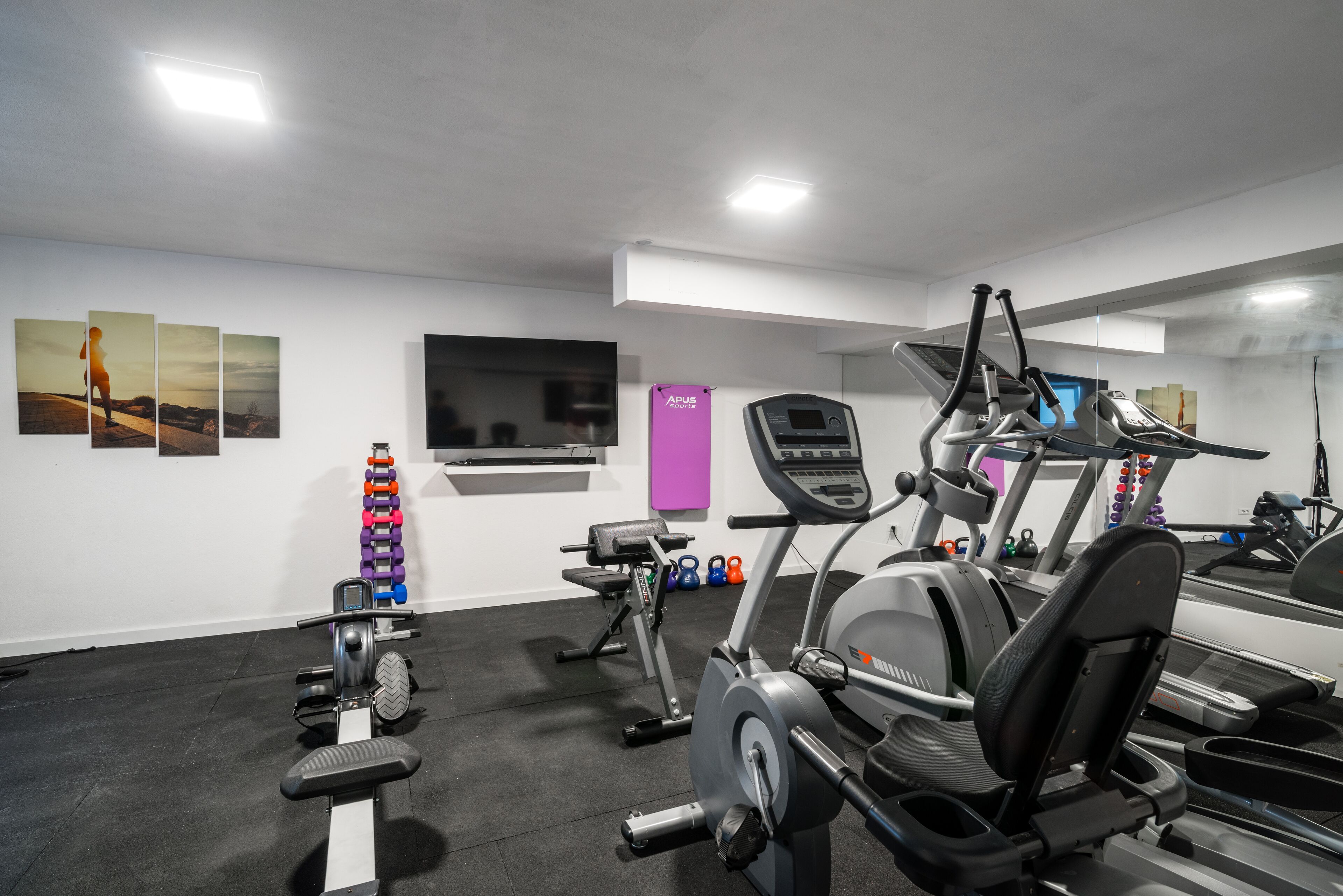 A gym with cardio machines, dumbbells, and a TV on the wall.