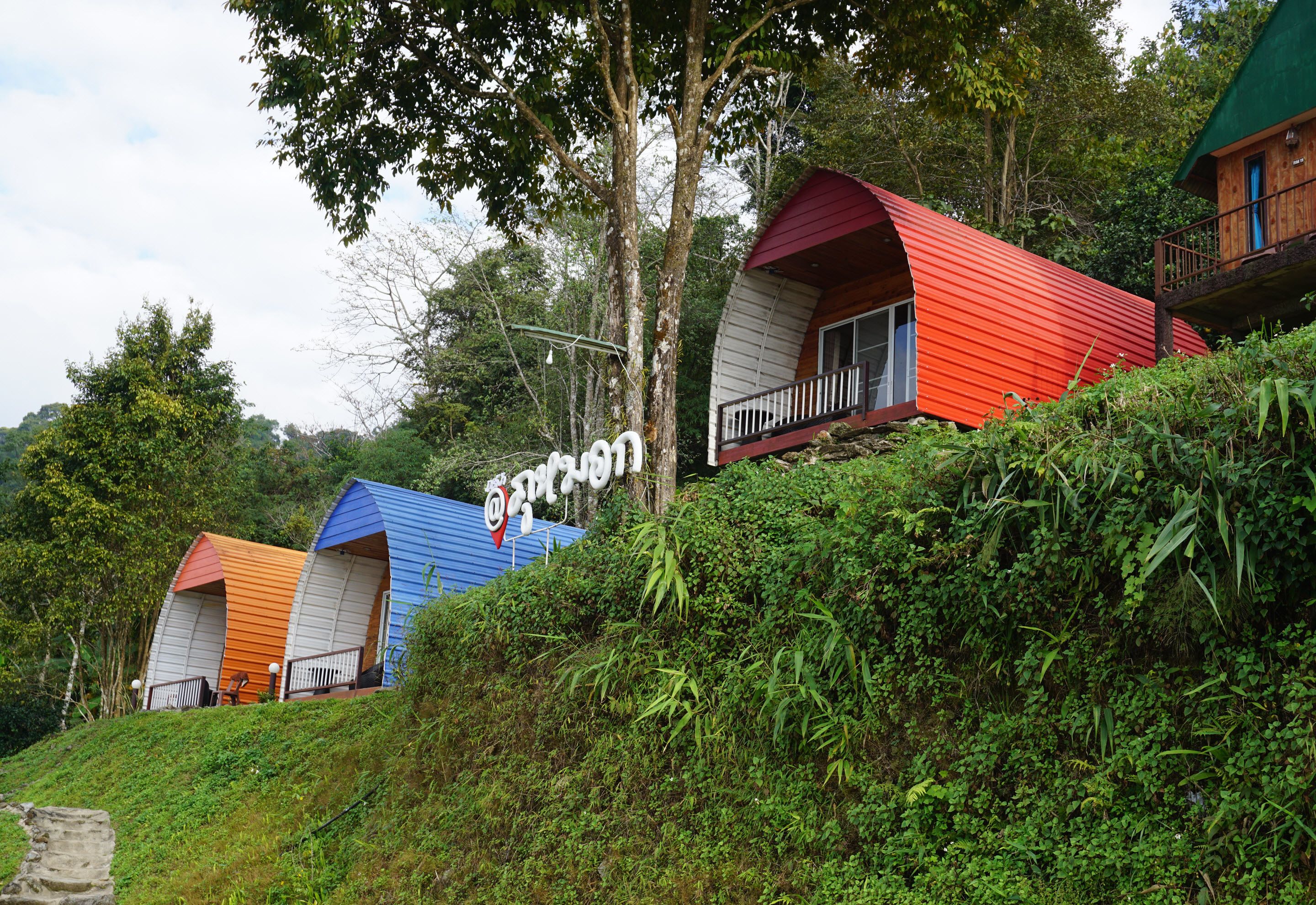 A series of treehouse accommodations with a red, blue, and orange exterior, surrounded by lush greenery.