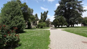 Un sendero atraviesa un parque con árboles y un edificio al fondo.