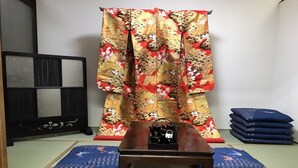 Une pièce avec un sol recouvert de tatamis, une cloison coulissante de style shoji, une petite table en bois et des coussins.