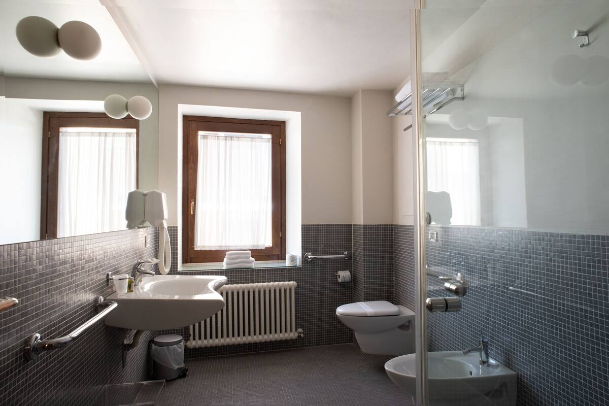 classic double or twin room | bathroom | shower, hair dryer, bidet, towels