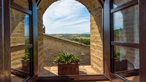 An arched window with a view of a brick wall and a potted plant. - Agriturismo Cerreto (Pienza)
