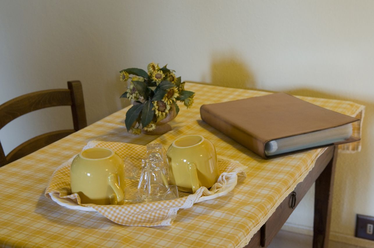Une table recouverte d’une nappe à carreaux jaunes, deux tasses jaunes, un petit vase avec des fleurs et un carnet brun.
