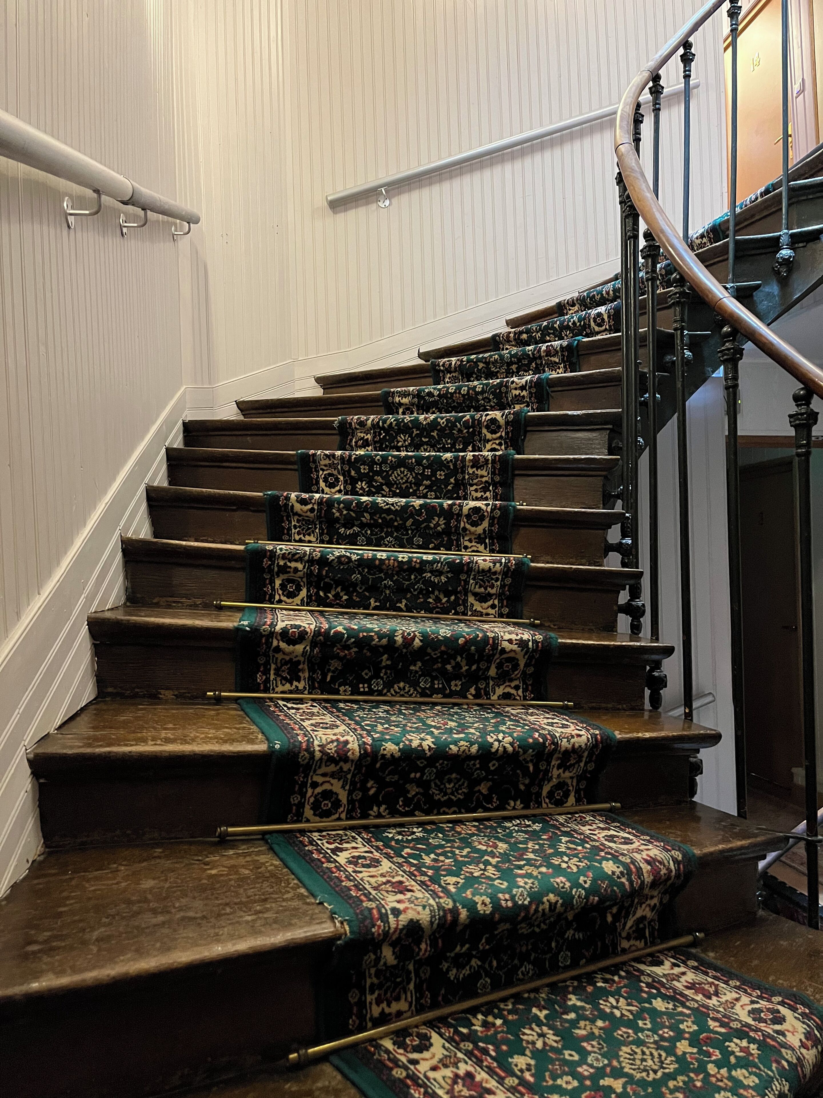 A staircase with ornate carpeted steps and a metal railing.