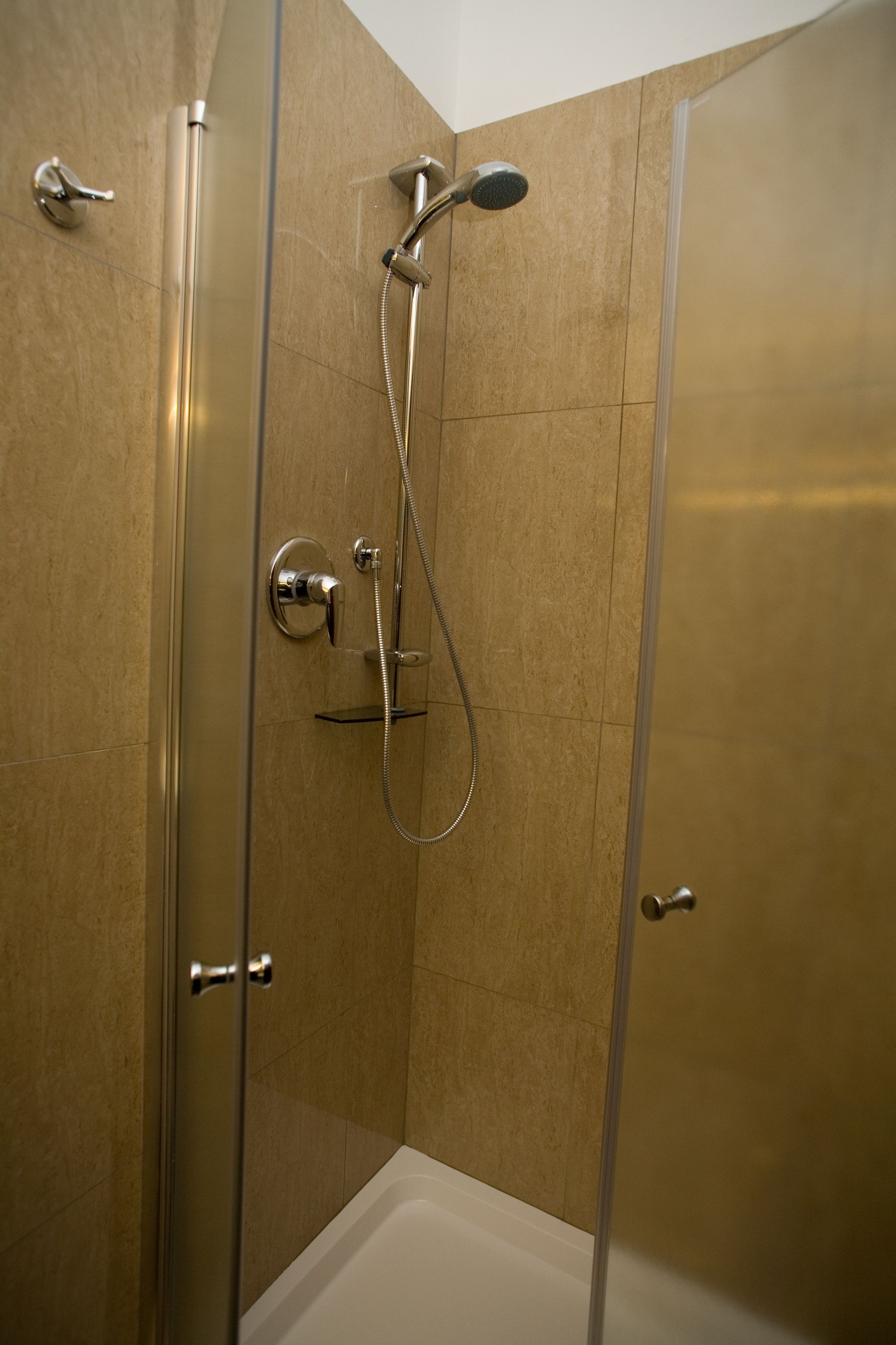 A glass-enclosed shower with a handheld showerhead and a wall-mounted faucet.