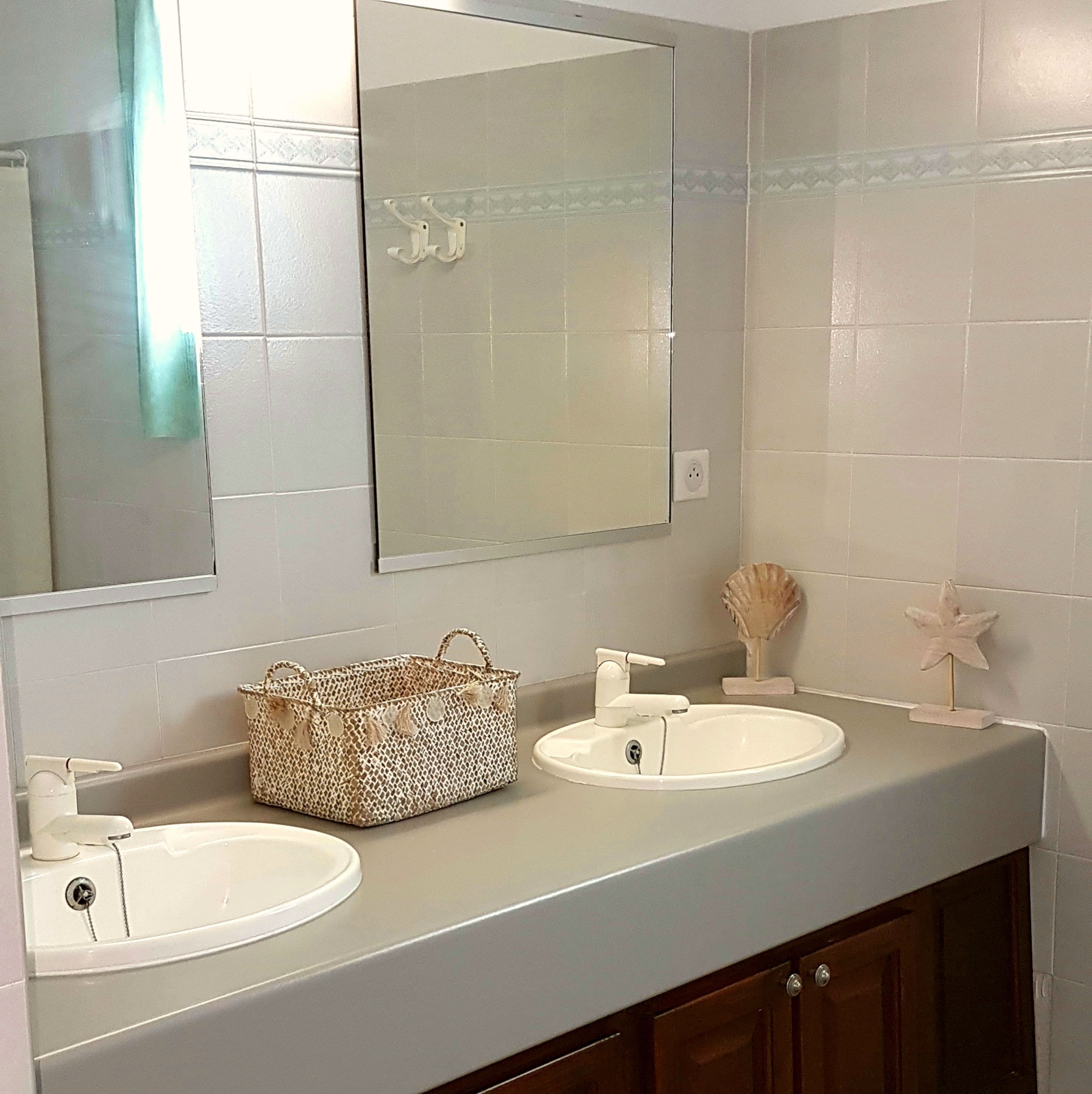 A bathroom with two sinks, a mirror, and a towel rack.