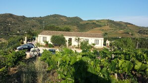 A white building with a tiled roof, surrounded by vineyards and hills. - La Suite di Segesta (Calatafimi)