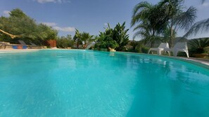 A clear blue pool surrounded by palm trees and lounge chairs. - La Suite di Segesta (Calatafimi)