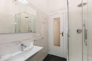 Shower, hair dryer, bidet, towels