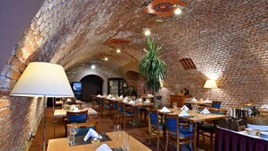 A restaurant with brick walls and wooden tables, featuring a large potted plant and a chandelier. - LH Hotel Dvorak Tabor (Tabor)