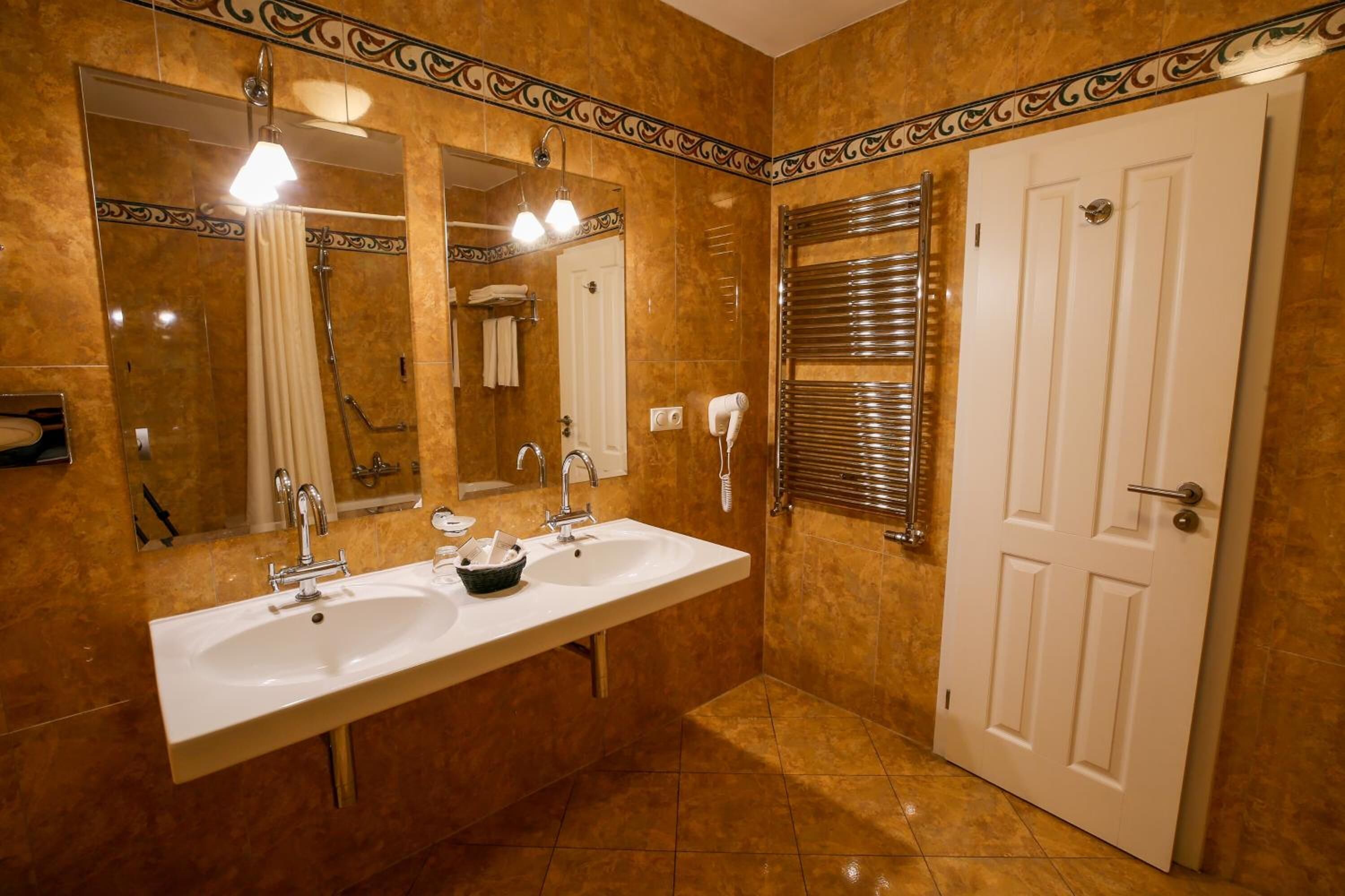 free toiletries, hair dryer, slippers, towels