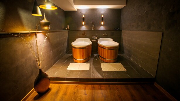 A modern bathroom with two wooden basins, a wooden floor, and a vase with branches. - LH Hotel Dvorak Tabor (Tabor)