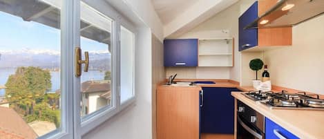 Full-sized fridge, oven, stovetop, cookware/dishes/utensils