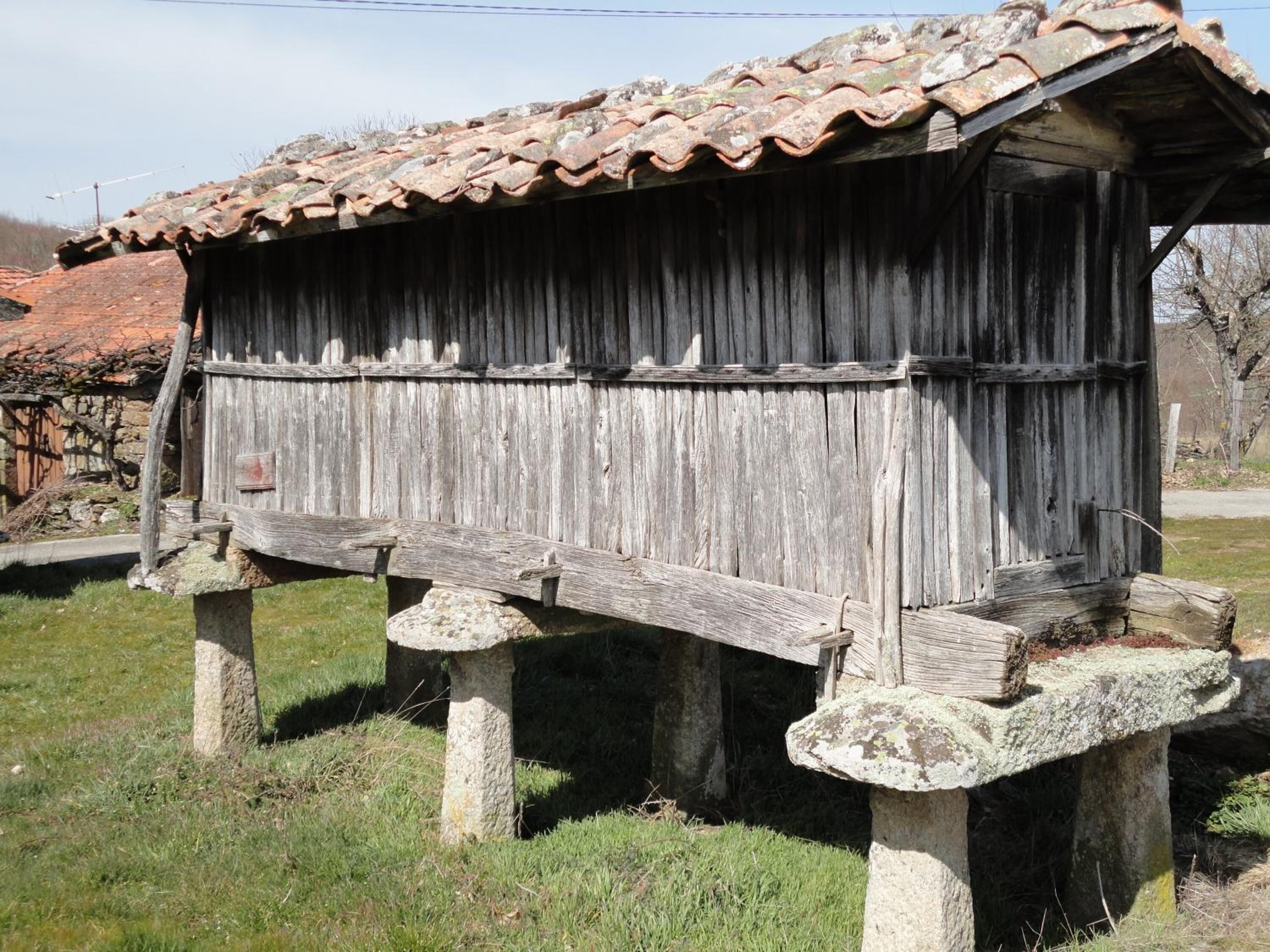 Une structure rustique en bois, dotée d’un toit en tuiles et soutenue par des piliers en pierre, se dresse dans une zone herbeuse.