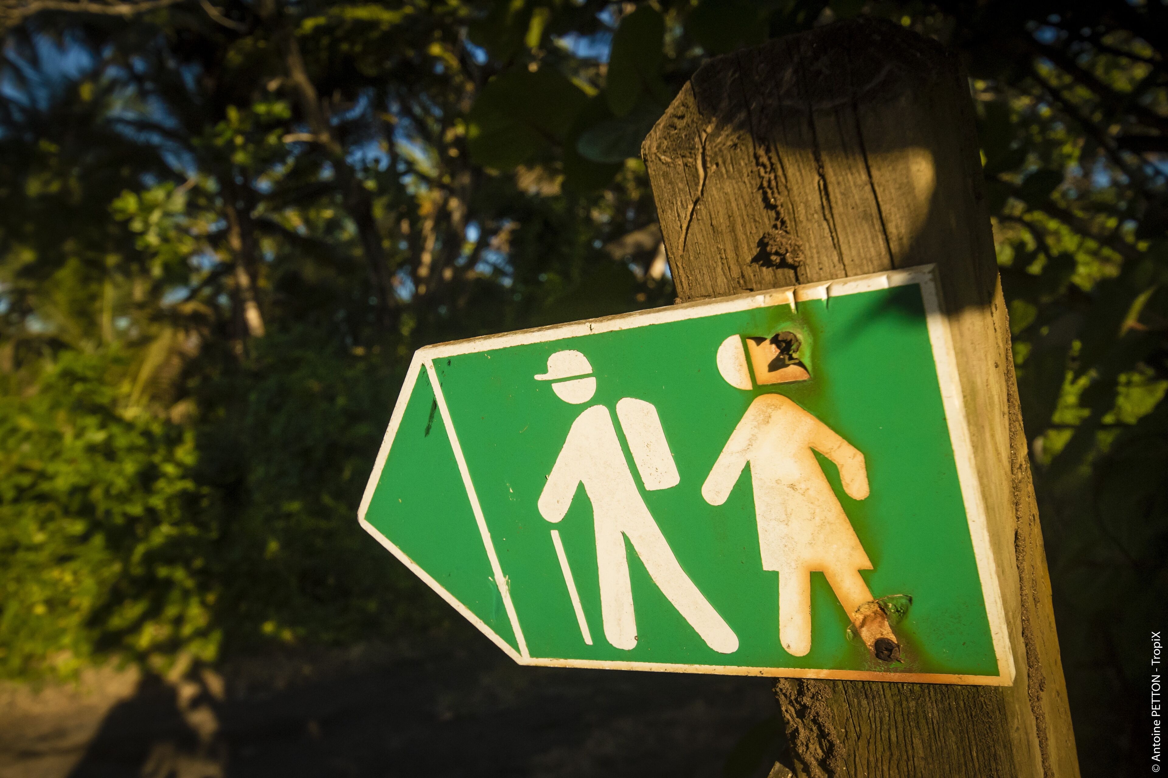 A directional sign with figures indicating a path for pedestrians.