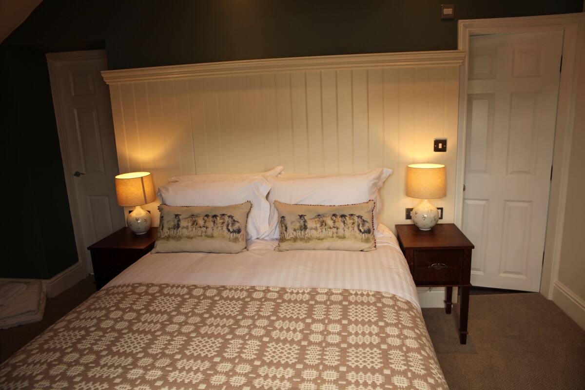 A bedroom with a bed, two nightstands, two lamps, and a door.