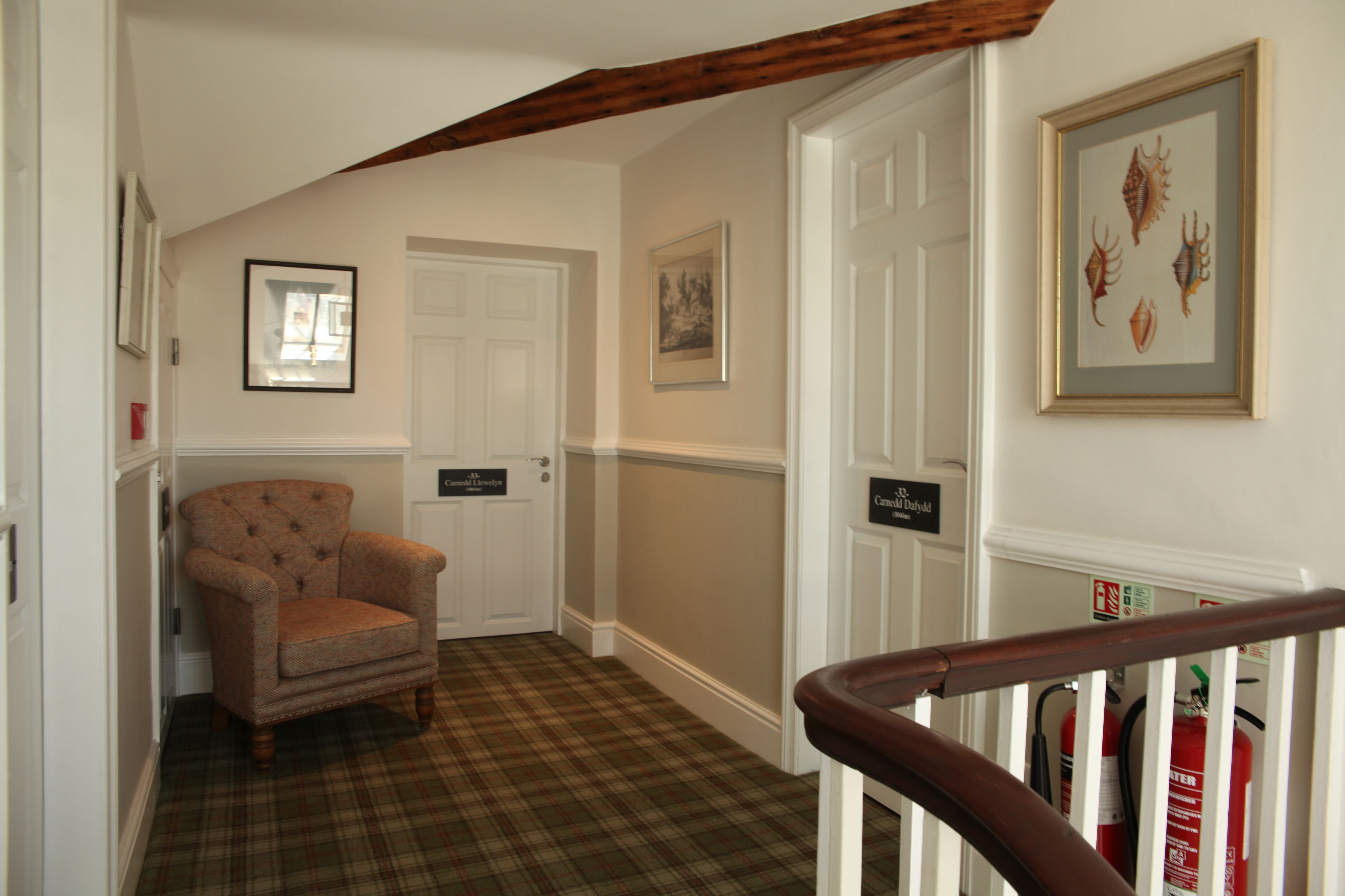 A hallway with a plaid carpet, a tufted armchair, framed artwork on the walls, and a door labeled "Guest Services".