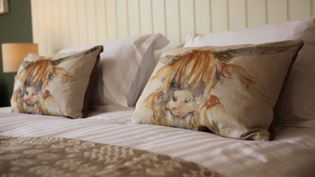 Una cama con dos almohadas con diseño de león.